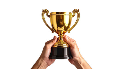 Trophy held up against black. Hands grip cup