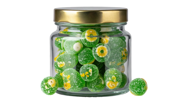 Jar filled with green, sugar-coated candies, each featuring an eye