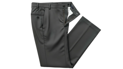 Formal dark gray dress trousers are displayed with the zipper open against a solid black background