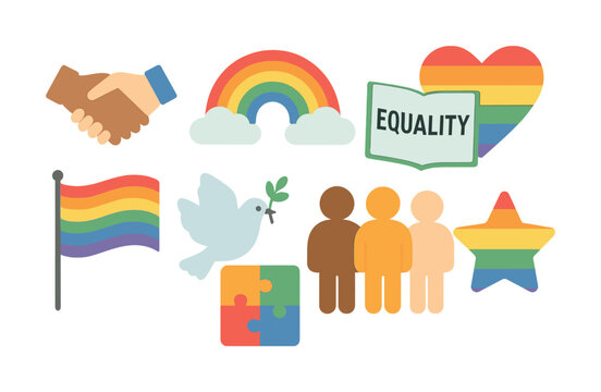 Diverse symbols of unity and equality with rainbow colors and peaceful imagery
