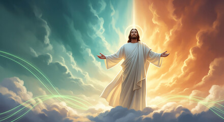 A digital painting depicts Jesus Christ, a Caucasian man, mid-aged, standing atop fluffy white clouds