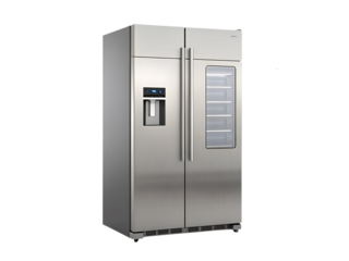 Modern stainless steel side-by-side refrigerator with water and ice dispenser isolated on transparent background