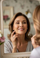 Beautiful senior woman smiling at reflection in mirror while touching face. Happy mature lady with grey hair enjoying skincare routine in bright bedroom. Confident female admiring smooth skin at home.