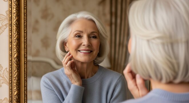 Beautiful senior woman smiling at reflection in mirror while touching face. Happy mature lady with grey hair enjoying skincare routine in bright bedroom. Confident female admiring smooth skin at home.