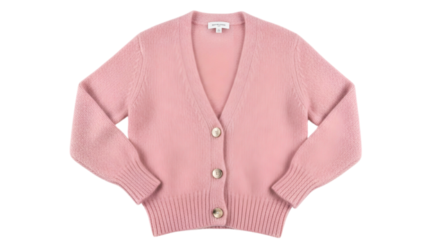 Knitted pink button up garment displays a traditional V neck design