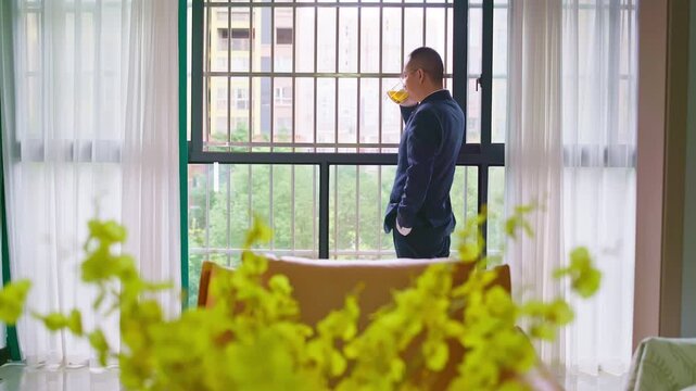 Mature man stands in front of a security window drinking tea. Suit man stands by the window looking at the scenery outside. Mature man wearing glasses leans against the window, drinking tea.