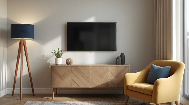Modern minimalist living room interior with wooden furniture, flat screen TV, yellow armchair, and natural daylight creating a cozy Scandinavian design atmosphere, perfect for home decor inspiration