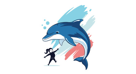Fototapeta premium A cheerful cartoon shows a small person joyfully interacting with a large blue dolphin leaping from colorful brushstrokes and bubbles.