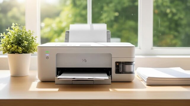 A printer sits on a desk with a plant, stack of paper, and a window in the background