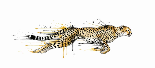 A modern watercolor illustration of a running cheetah with dynamic ink splashes and splatters, an artistic vector drawing a.eps © PDWN Creative