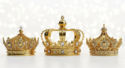 Three ornate golden crowns are arranged horizontally across the lower third of the frame