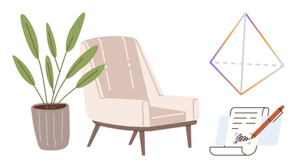 Comfortable armchair beside potted plant, minimalist pyramid figure, and signed document symbolize relaxation, creativity, and organization. Ideal for work-life balance, productivity, writing, decor