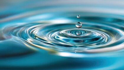 A water droplet creates ripples as it falls into a calm, blue liquid surface, capturing a moment of tranquility and motion.