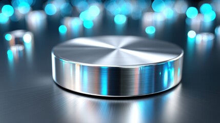 A sleek, metallic disc sits on a reflective surface, surrounded by glowing blue lights in a modern, futuristic setting.