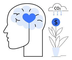 Profile of a head with heart in the brain, money plant growth, CO2 arrows. Ideal for mental health, emotional balance, sustainability, financial growth, mindfulness, eco-awareness simple flat