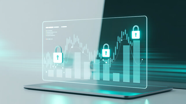 holographic financial analytics panel with padlocks on tablet showing secure growth bars and line graph privacy and data protection concept