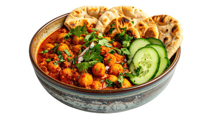 Chickpea curry with naan bread and cucumber slices in a bowl