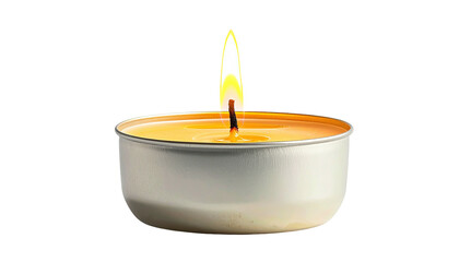 Lit tea light candle with yellow wax in a silver holder