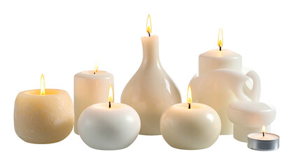 Group of lit, various-sized candles. Off-white against black