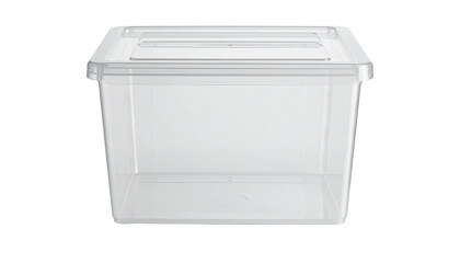 Clear, square plastic storage box with lid, centered view