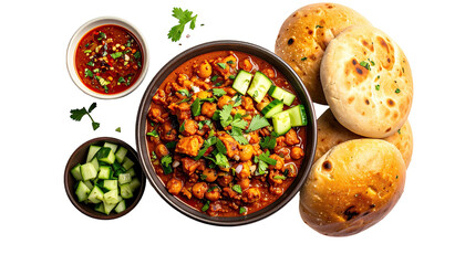 Chana Masala, bread, sauce, & cucumber; a delicious-looking meal