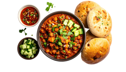 Chana Masala, bread, sauce, & cucumber; a delicious-looking meal