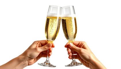 Cheers! Two champagne glasses toast against black