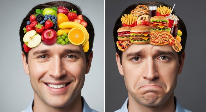 Man's choice between healthy and unhealthy food. Happy face with fresh fruit thoughts, sad face with junk food thoughts. Concept for diet, nutrition, and mental health.