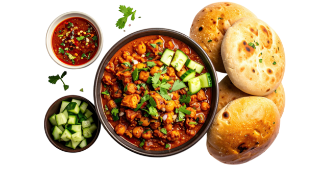 Chana Masala, bread, sauce, & cucumber; a delicious-looking meal