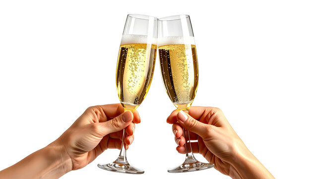 Cheers! Two champagne glasses toast against black