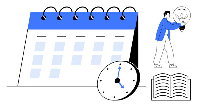 Desk calendar with clock, person holding a bright light bulb, and an open book. Ideal for planning, scheduling, creativity, organization, productivity brainstorming and education. Perfect