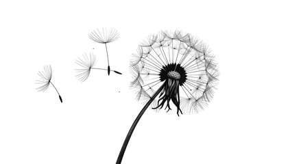Grayscale dandelion in bloom, seeds blowing in the wind
