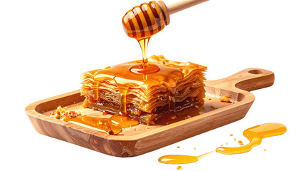 Drizzling honey over flaky baklava on a wooden board