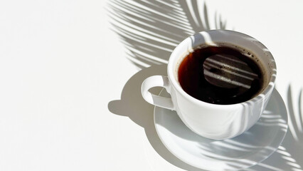 A cup of fresh coffee on a white table and shaded by plants.