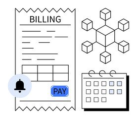 Billing receipt with payment option, notification bell, blockchain structure, and calendar grid. Ideal for finance, payment, invoice management, blockchain, reminders scheduling digital economy