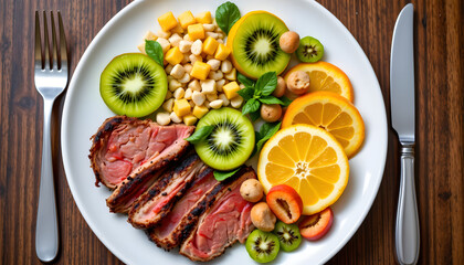 Healthy Modern Plate with Fresh Fruit and Lean Meat