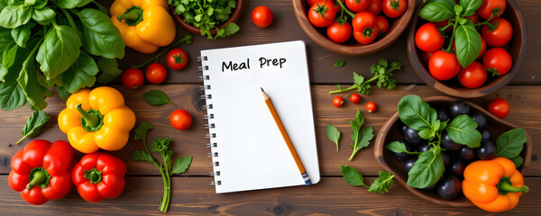 Vibrant Rustic Kitchen Countertop with Fresh Vegetables and Meal Journal