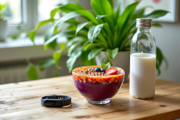 Vibrant Wellness Workspace with Acai Bowl and Green Foliage