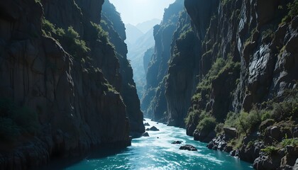 Majestic Canyon River Flowing Through Steep Rocky Cliffs