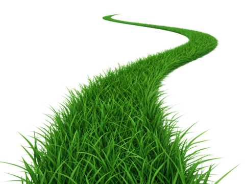 Winding green grass path leading forward towards horizon isolated isolated on transparent background