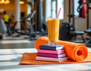 Vibrant Postworkout Scene with Smoothie and Gym Accessories