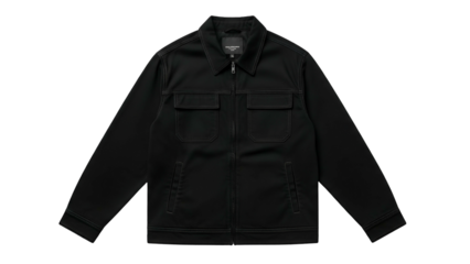 Black collared outerwear garment displays contrasting stitching detail isolated on a dark background