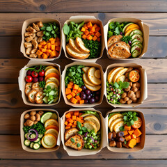 Overhead Colorful Gourmet Meal Containers Rustic Surface