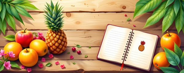 Watercolor Tropical Kitchen Scene with Fruits and Recipes