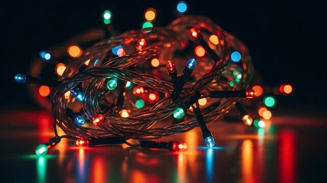 Vibrant holiday string lights twinkle with festive warmth, creating magical bokeh and illuminating dark spaces with colorful cheer
