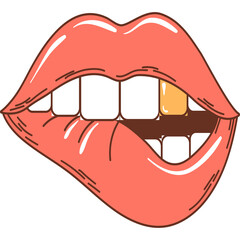 Close up of coral lips biting down showing white teeth with one gold tooth against a transparent background retro pixel art style