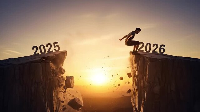 Dynamic man leaps across chasm from 2025 to 2026 symbolizing ambition and forward momentum at sunset