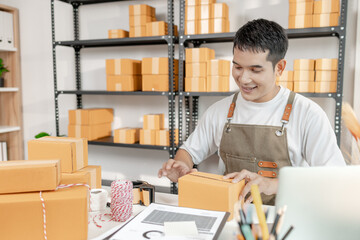 Small business entrepreneur in ecommerce startup, showcasing online retail, packaging process,...