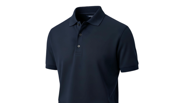 Close up shot features a dark blue collared casual shirt with button placket against a solid black background