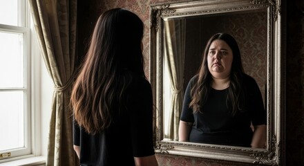 Woman looking in mirror sees sad, overweight reflection of herself. Concept of body dysmorphia, negative self-image, eating disorder, and low self-esteem.